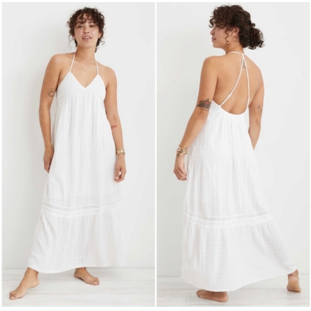 Aerie Low Back White Halter Maxi Dress